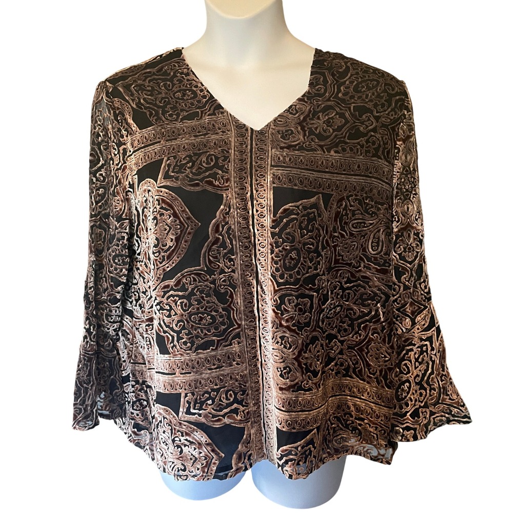 Womens Whimsigoth Boho Velvet Burnout Bell Sleeve Blouse Size 3(XL) Witchy Artsy